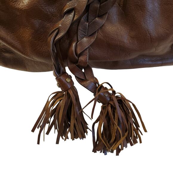 Kooba Hobo Bag Shoulder Carla Braided Tassels Brown Leather Drawstring Satchel - Picture 4 of 16